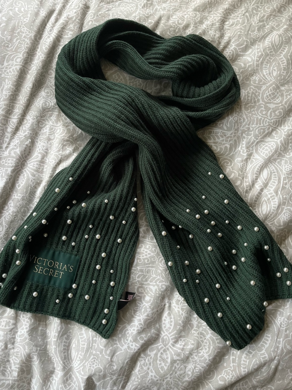 Victoria's Secret Forest Green Ribbed Scarf with Pearls